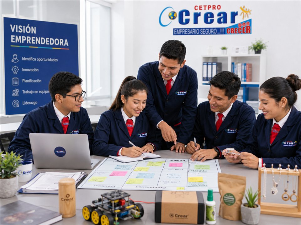 Equipo de estudiantes planificando ideas y productos para desarrollar un emprendimiento.